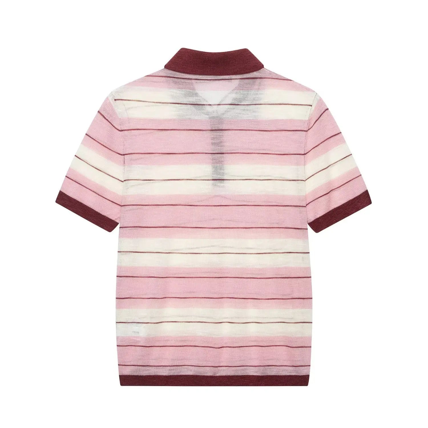 Full back flat view of pink white maroon striped sheer knit polo top, contrast maroon polo collar, sleeve and hem binding, lightweight semi-sheer horizontal stripe knit