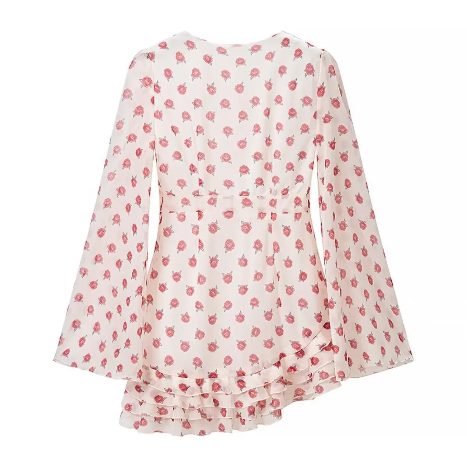 Complete back flat view, solid V back cut, all-over small rose floral print, flowy tiered ruffle hem, wide flare sleeves