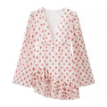 Full front flat lay main shot, cream base tiny pink rose chiffon mini dress, deep V neck, puff flare long sleeves, gathered waist, multi-layer asymmetrical ruffle skirt, back hidden zipper