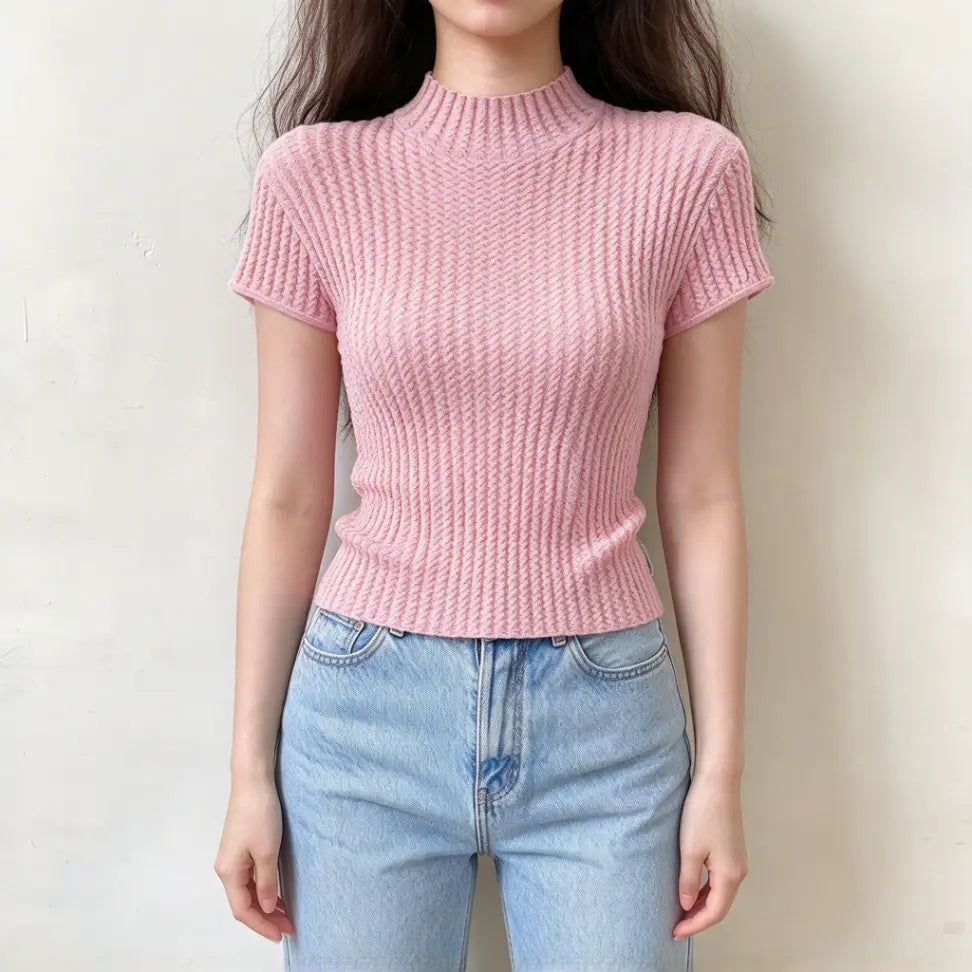 Pink textured knit short sleeve top, mock neck, slim fitted cropped silhouette
