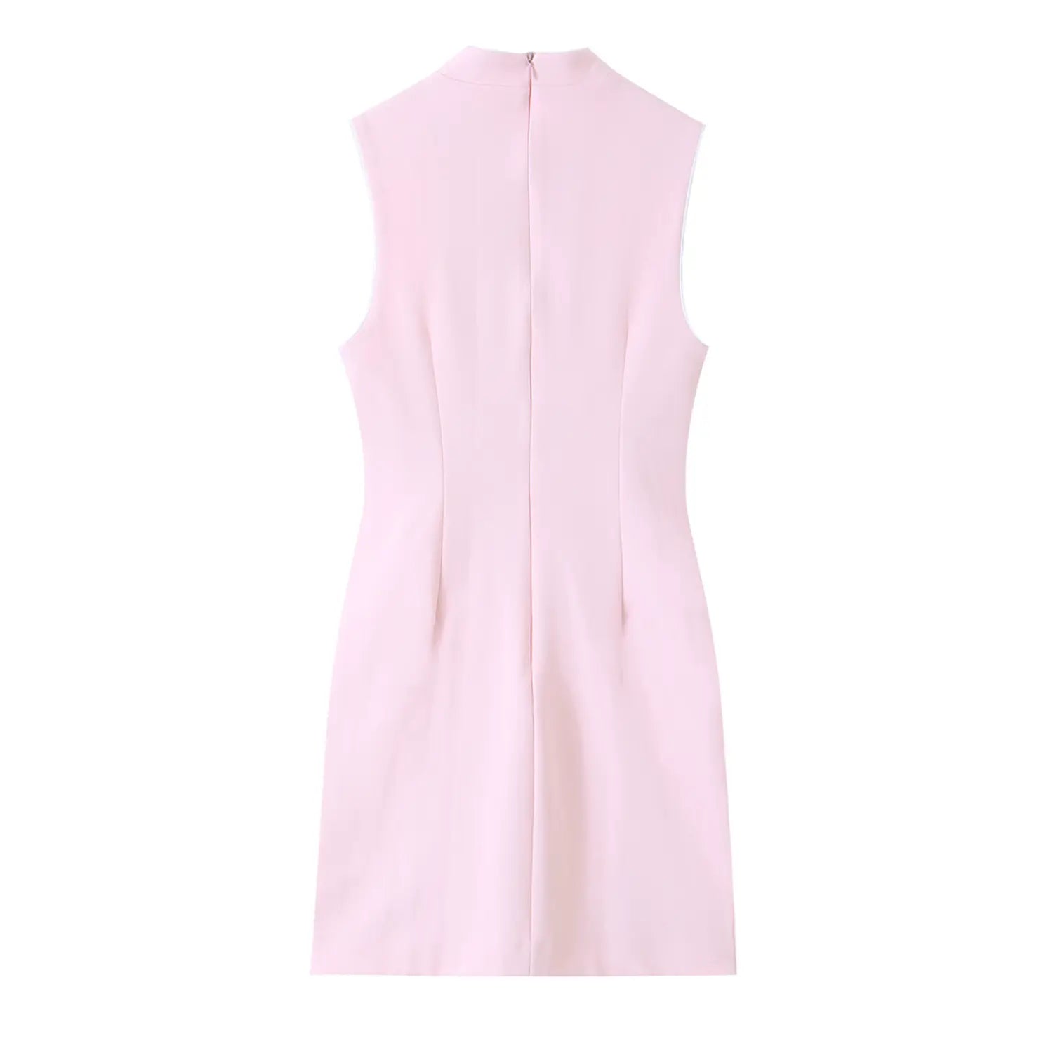Back flat shot of light pink sleeveless qipao mini dress with full length back zipper and tailored slim silhouette