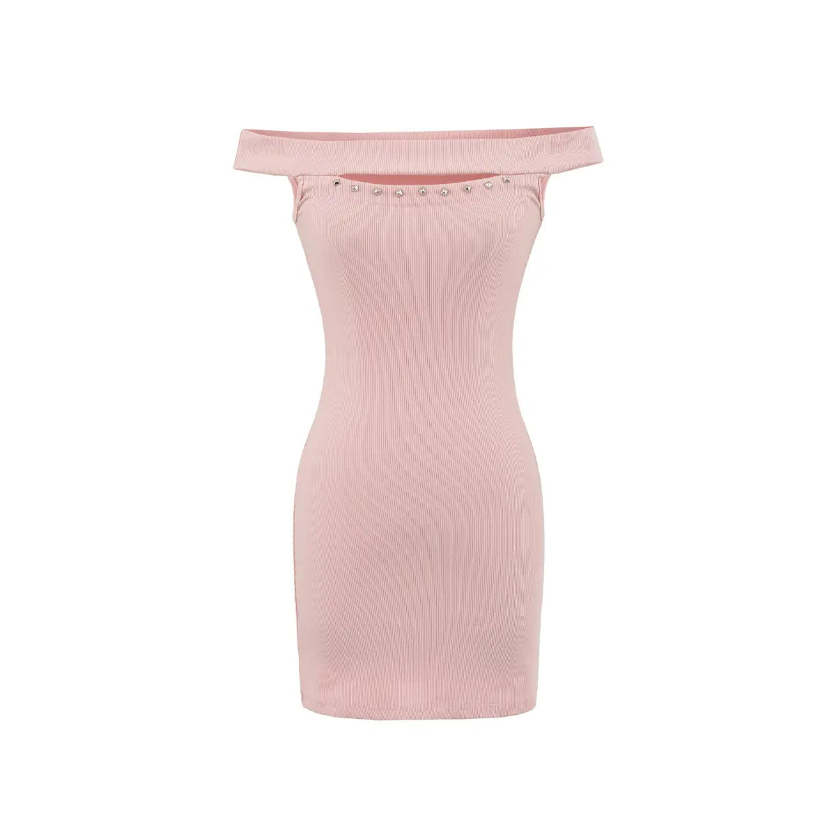 Studio product shot of a pink ribbed off-shoulder mini dress with stud accents, showing the full silhouette.