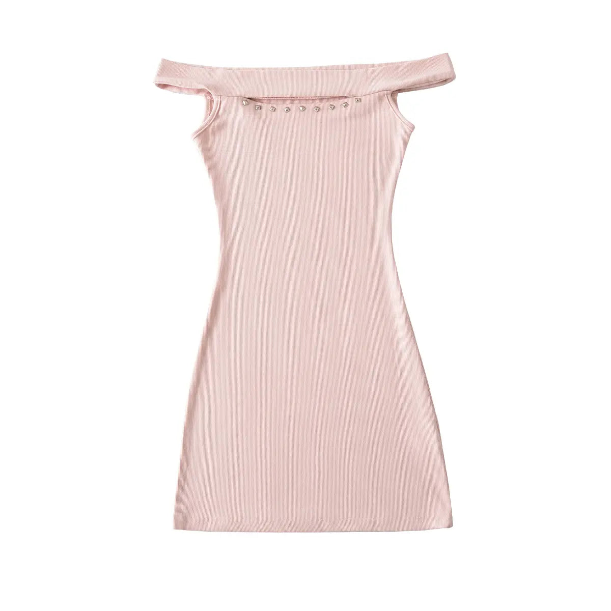 view of a pink ribbed off-shoulder mini dress with stud details, showing the fitted silhouette.
