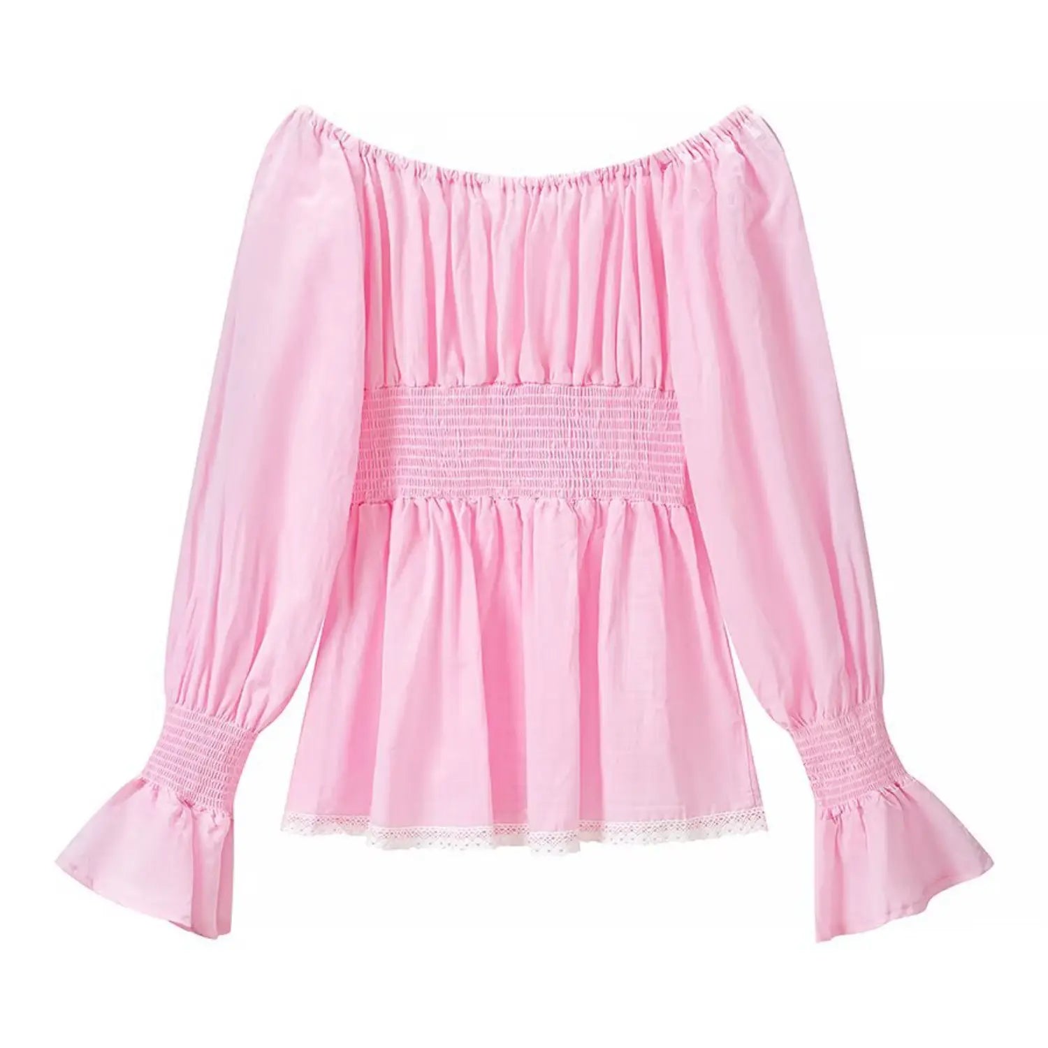 Top back flat view, full wide elastic shirred smocked waist for stretch fit, all solid light pink woven fabric