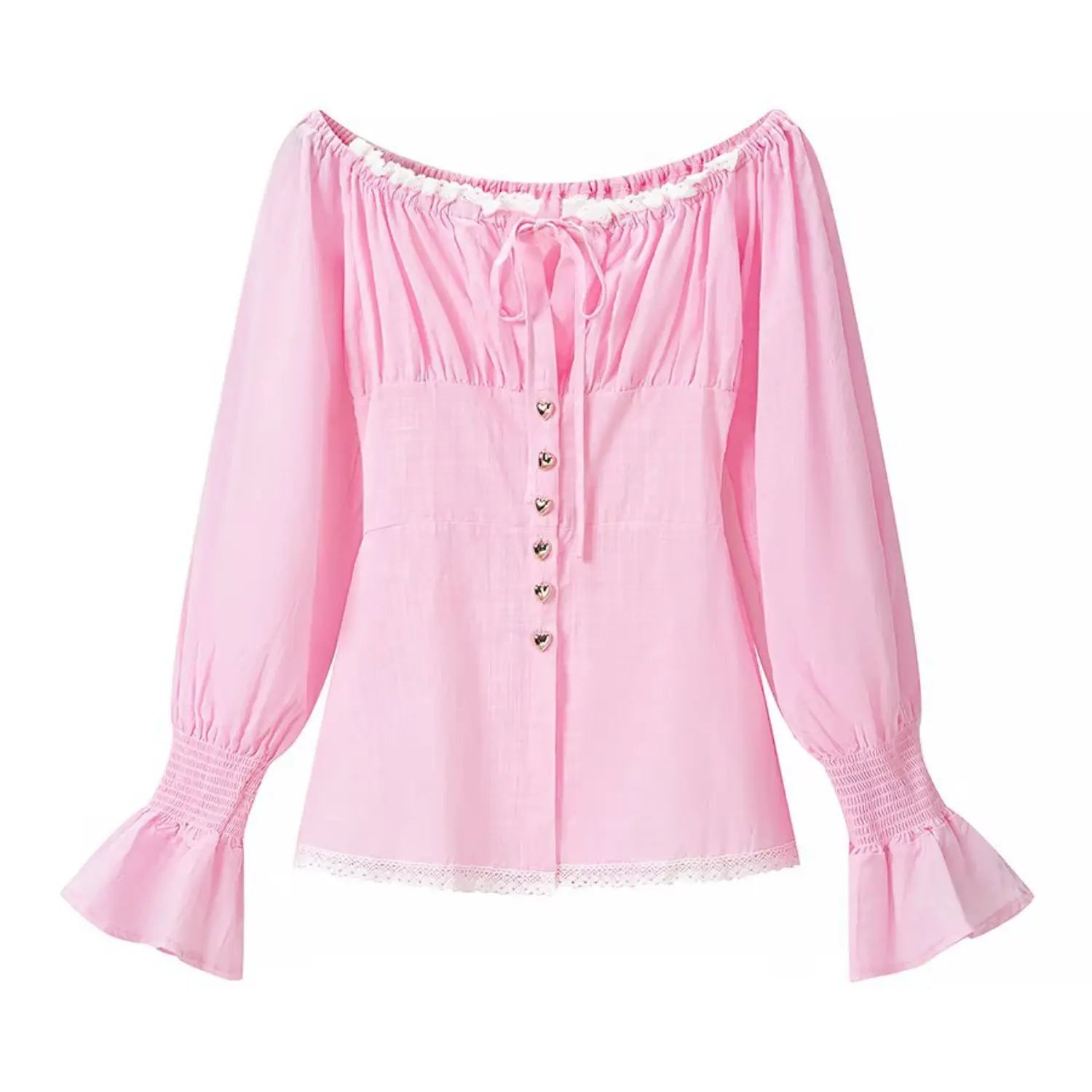 Separate top front flat view, elastic ruffle off-shoulder neck, front vertical heart buttons, flared smocked sleeve cuffs, lace bottom hem