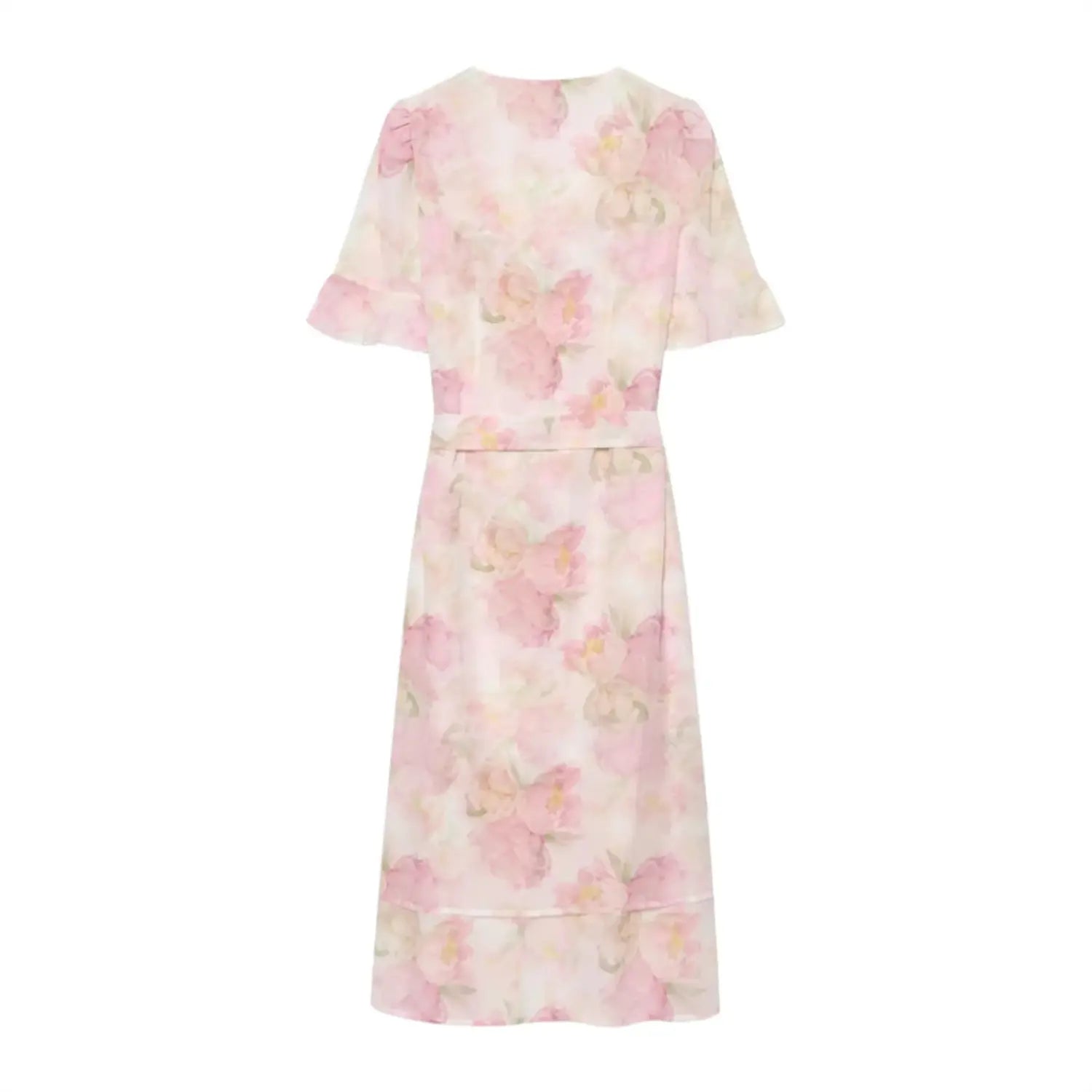 Complete back flat view, plain seamless back panel, loose skirt silhouette, uniform watercolor peony allover print, self fabric waist sash