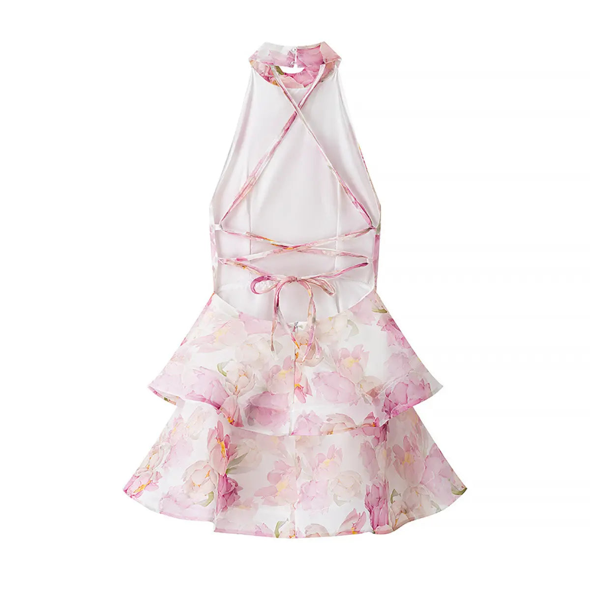 Full back flat view of a pink peony floral halter dress, showcasing the crisscross lace-up back, zipper, and tiered ruffled skirt.