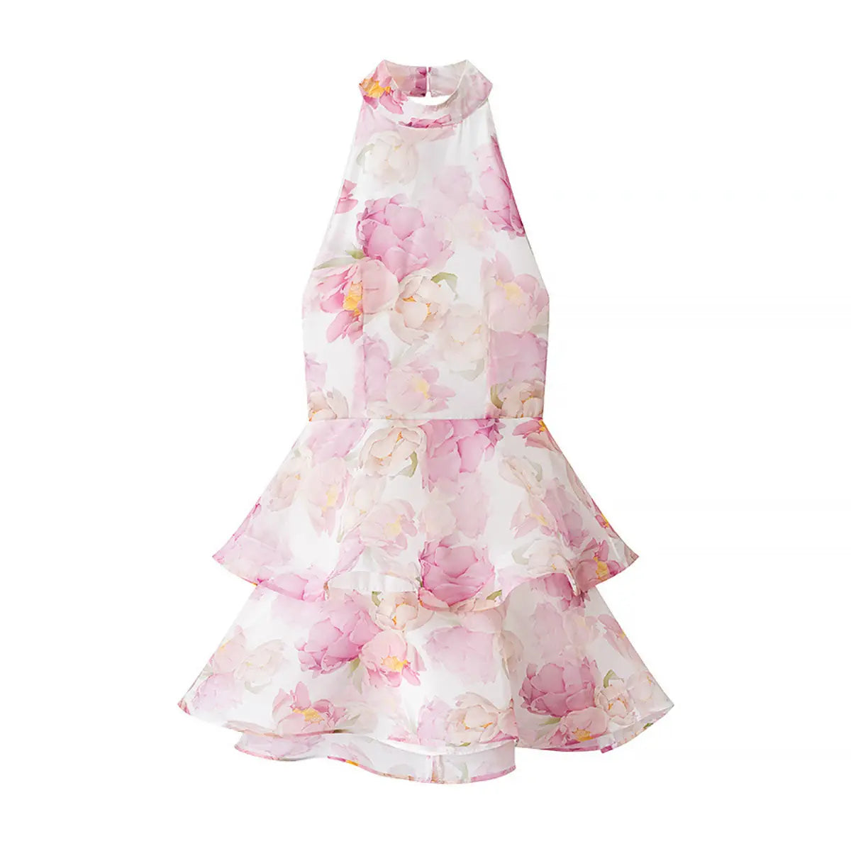 Full front flat view of a pink peony floral halter dress with a tiered ruffled skirt, high neckline, and sleeveless design.