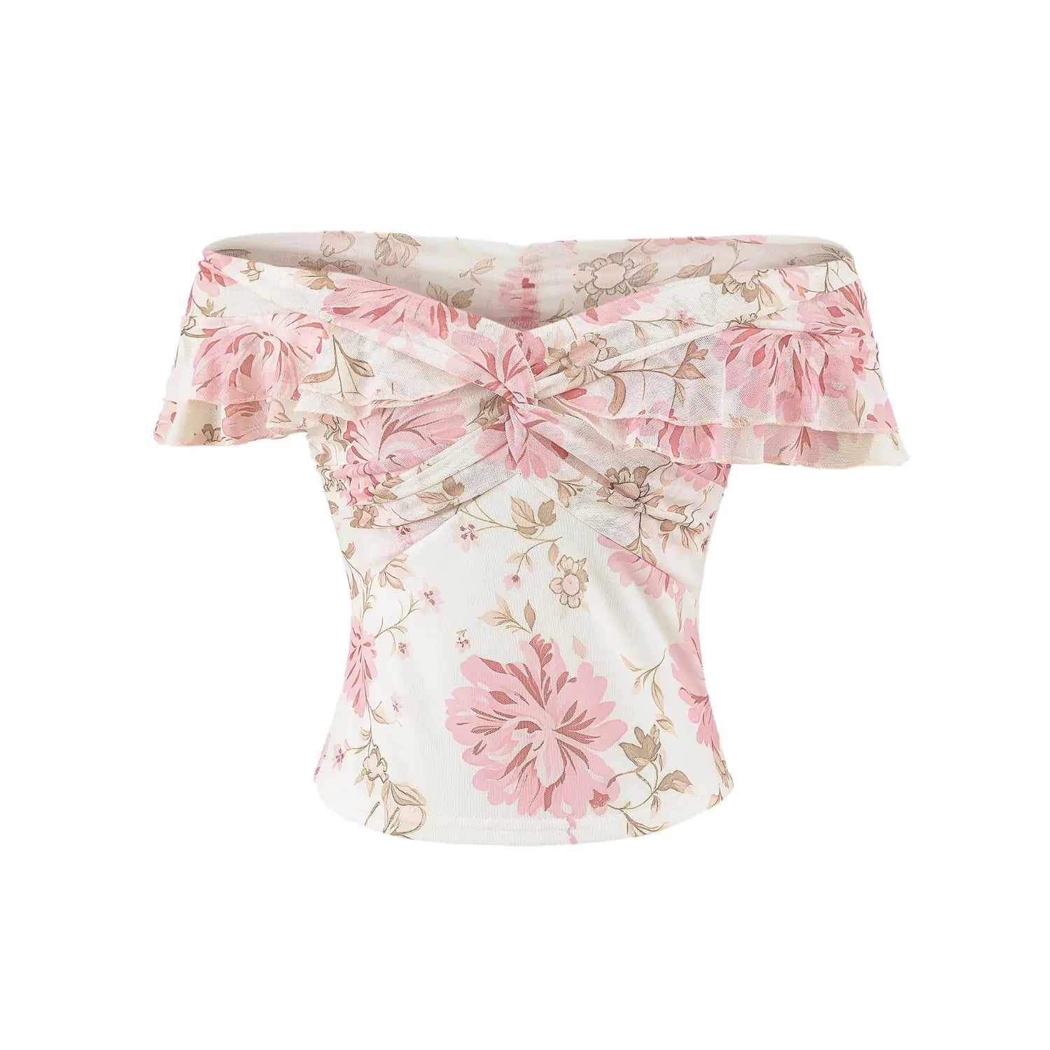 Pink peony floral mesh off shoulder top plain white flat lay, off-shoulder ruffle sleeve front twist cropped slim vacation women top shot