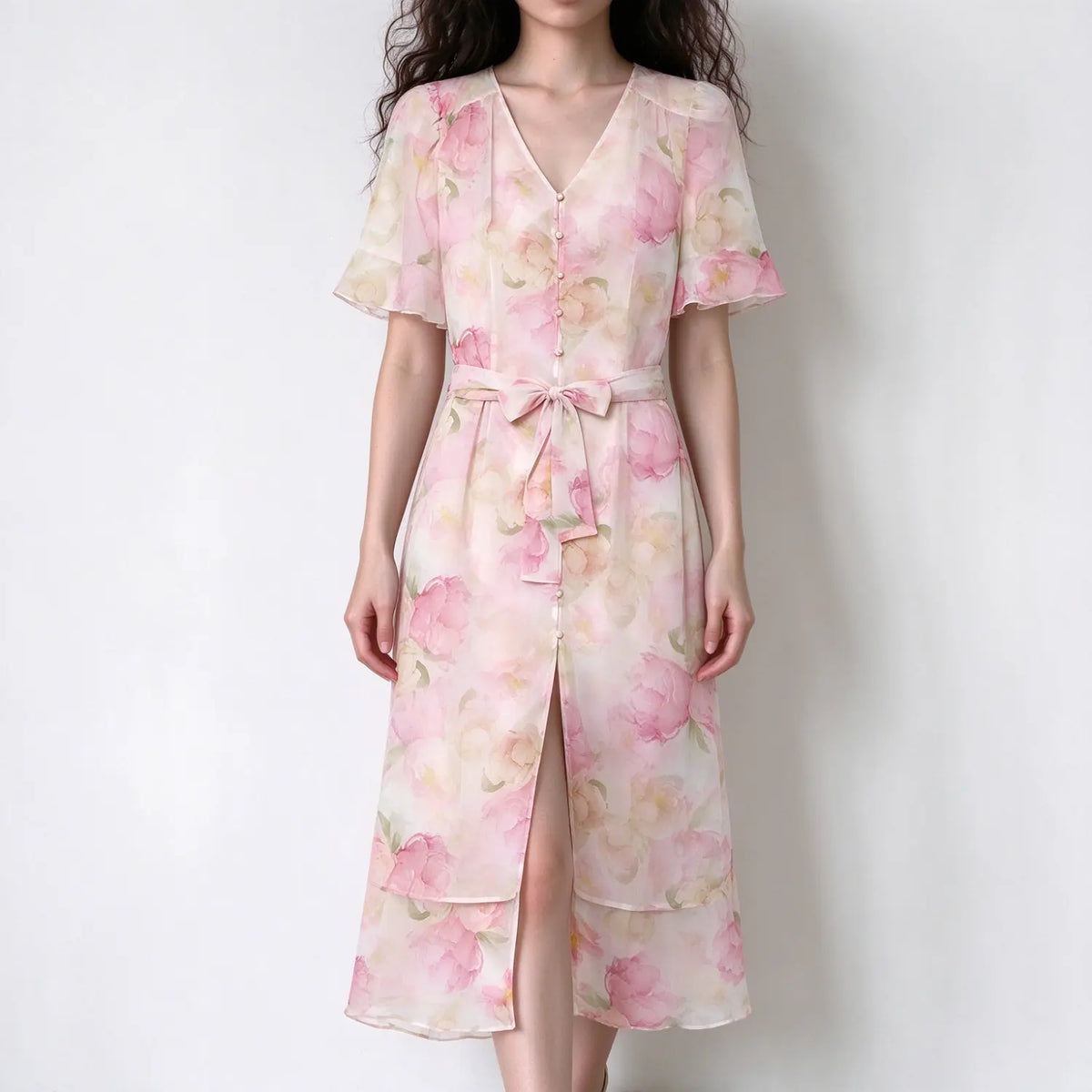 Model wearing pink peony floral short sleeve maxi dress, v neck, front buttons, waist tie belt, front slit, ruffle flutter sleeves