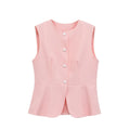 Pink sleeveless peplum waistcoat front view, round neck, pearl button placket, fitted peplum silhouette