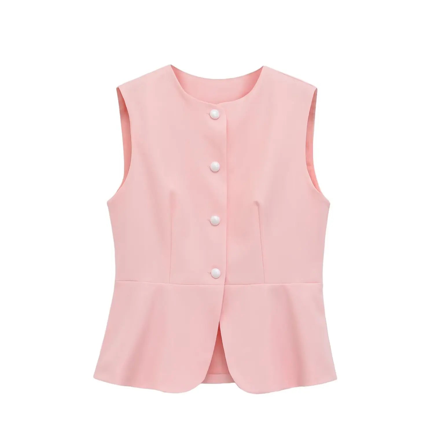 Pink sleeveless peplum waistcoat front view, round neck, pearl button placket, fitted peplum silhouette