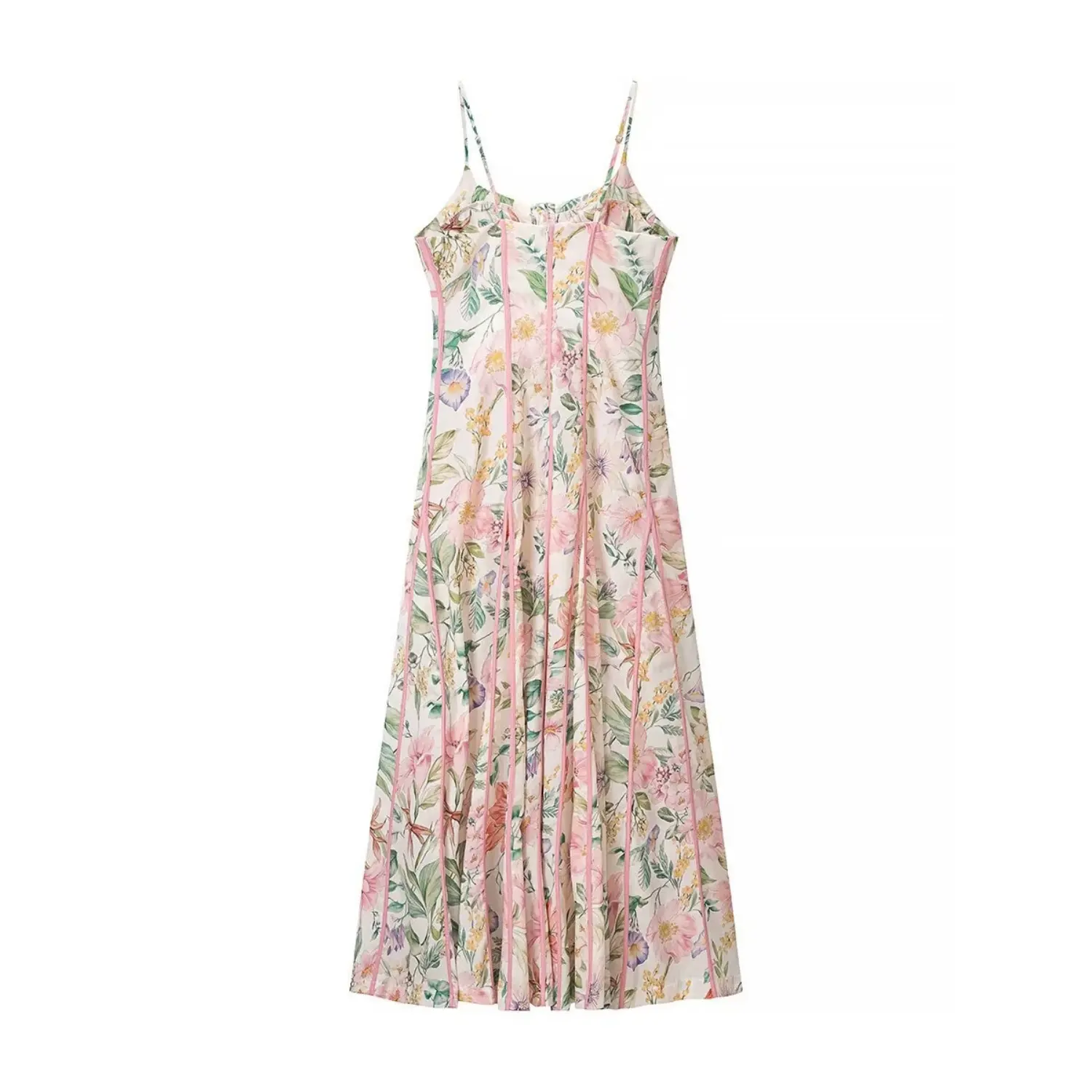 1. Pink piping dress complete back flat lay, solid back panel, vertical contrast pink piping, full back smooth lining