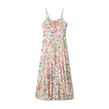Pink piping version full front flat view, thin adjustable spaghetti straps, front chest tie detail, flowy A-line midi skirt