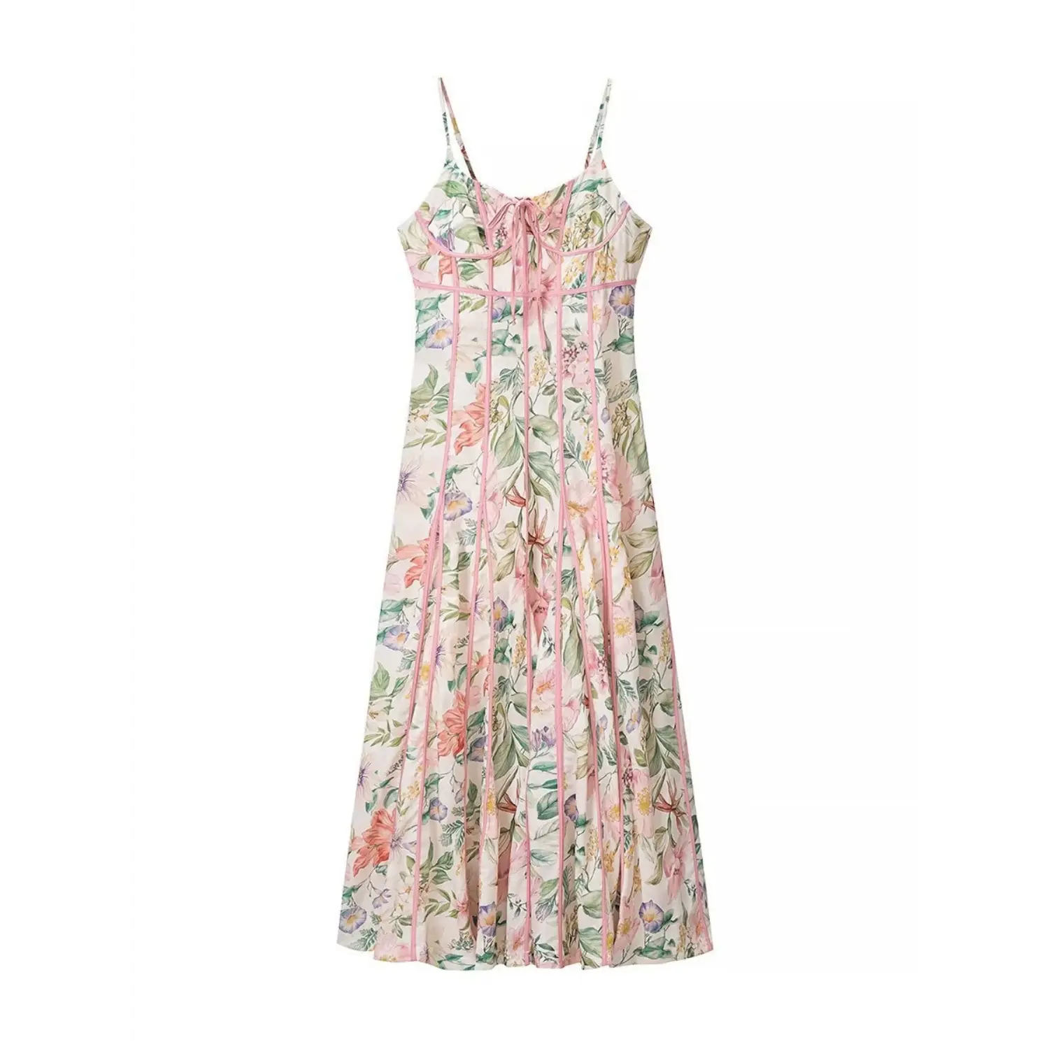 Pink piping version full front flat view, thin adjustable spaghetti straps, front chest tie detail, flowy A-line midi skirt