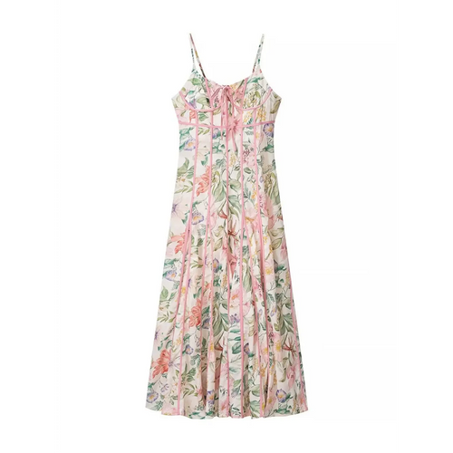 Pink piping version full front flat view, thin adjustable spaghetti straps, front chest tie detail, flowy A-line midi skirt