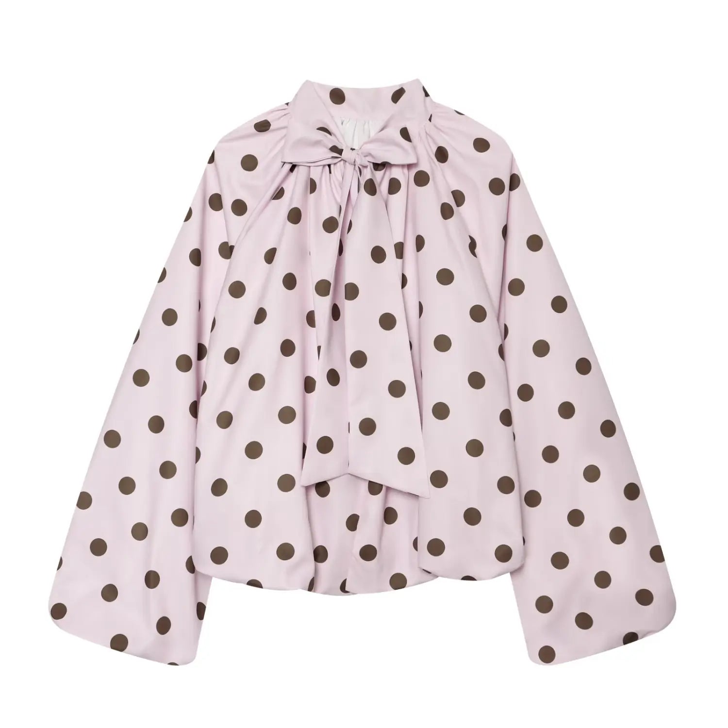 Full front flat view with bow tie, convertible tie neck design, polka dot woven fabric, loose balloon sleeve, cropped silhouette