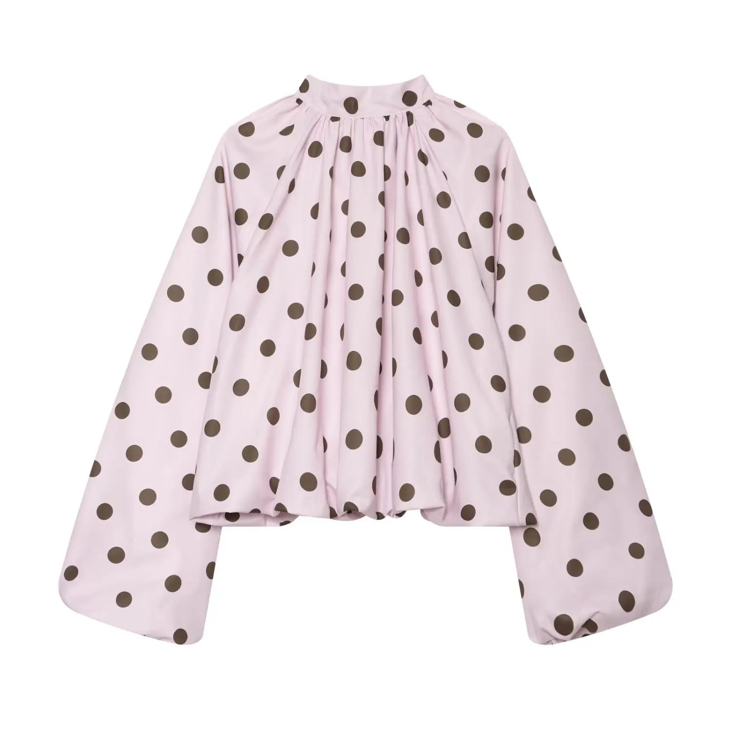 Full front flat lay main shot of light pink brown polka dot blouse, plain stand collar, gathered neck, balloon long sleeves, cropped hem