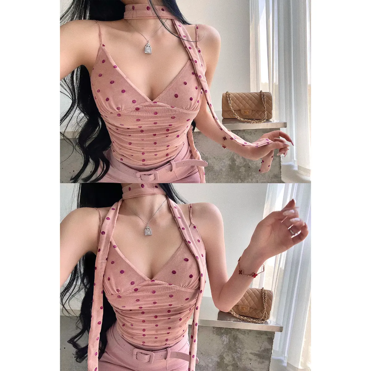 Collage of a woman wearing a pink polka dot camisole with a matching neck tie, styled with a pink belted skirt and accessories.