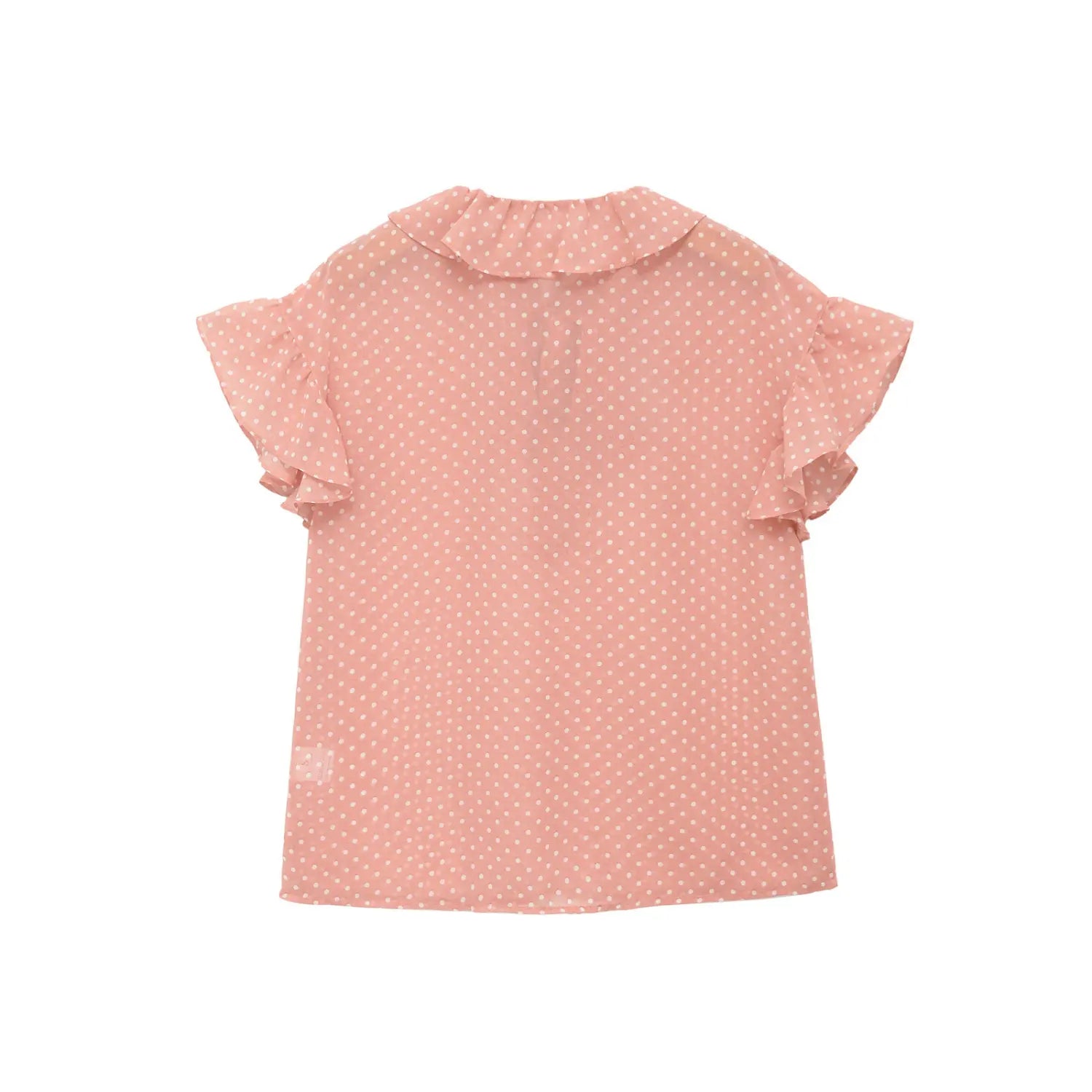  Back flat lay shot of pink polka dot chiffon blouse, full back silhouette with ruffled collar display