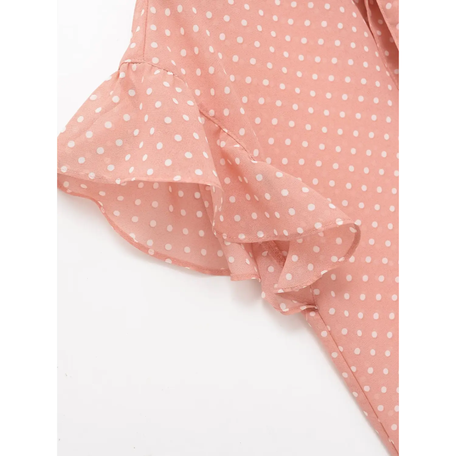 Close-up of flutter ruffled sleeve hem, double layer chiffon workmanship