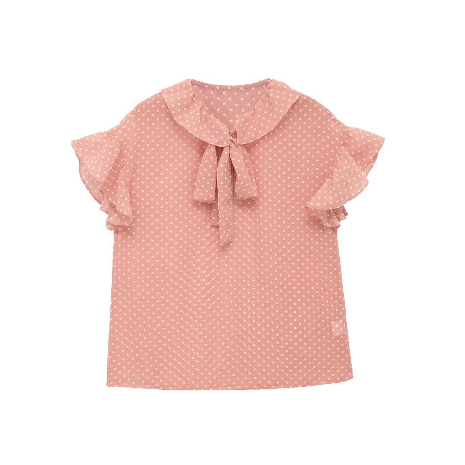 Front flat lay view of pink white polka dot chiffon blouse, ruffled collar with front tie knot, flutter short sleeves