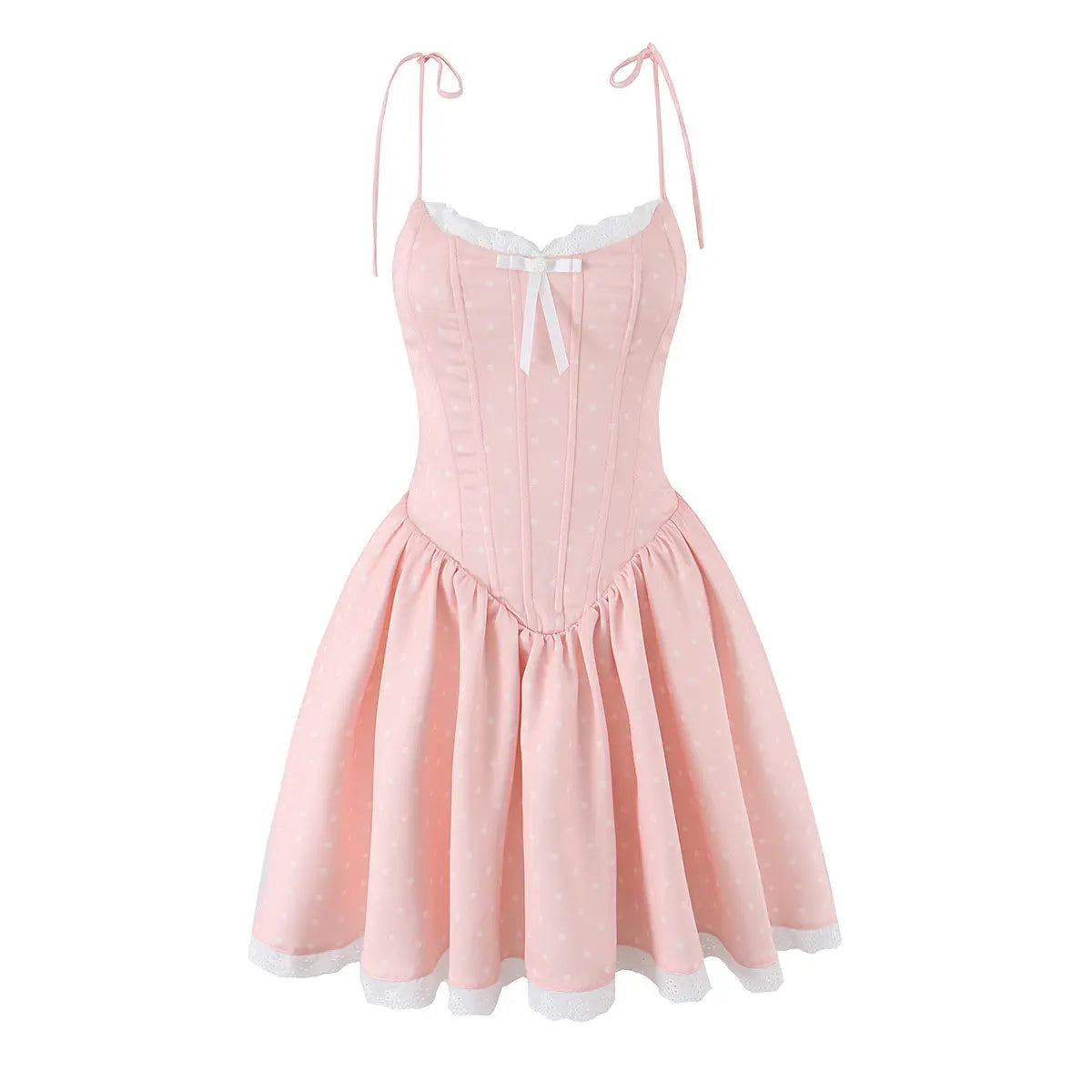 Studio shot of a pink polka dot corset-style mini dress with lace trim and bow accents.