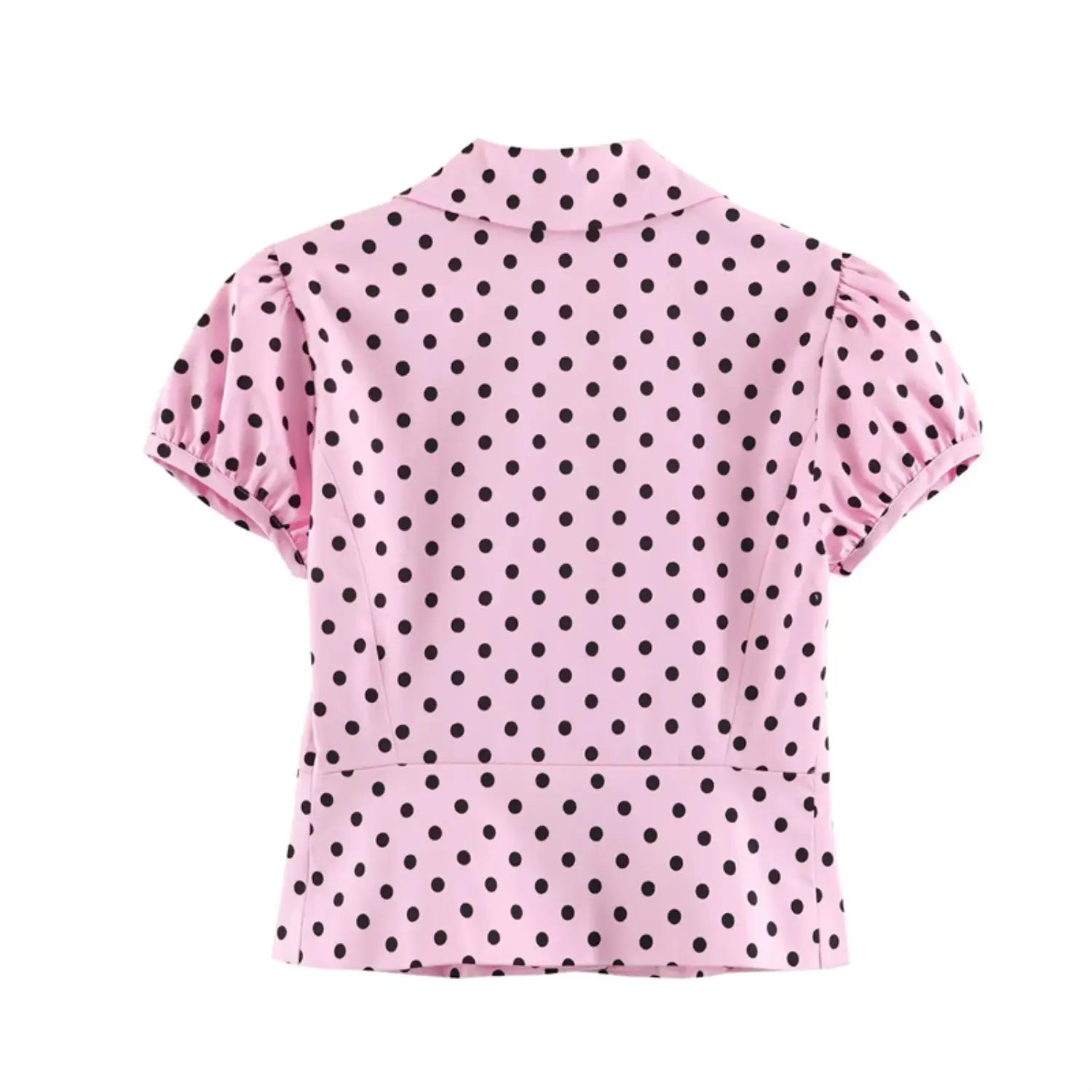 Full back flat view polka dot blazer, seamless plain rear panel, gathered puff short sleeves, fitted waist cropped silhouette, all-over black dot print