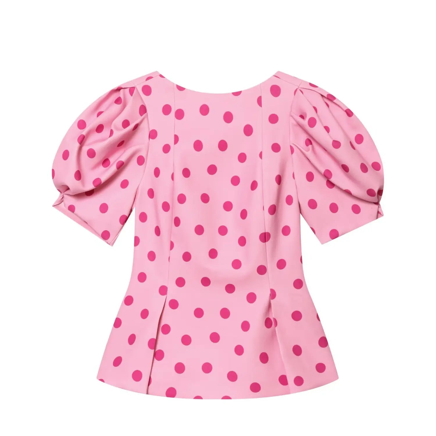Back flat product shot pink polka dot blouse, short puff sleeves, fitted peplum hem, round back neckline