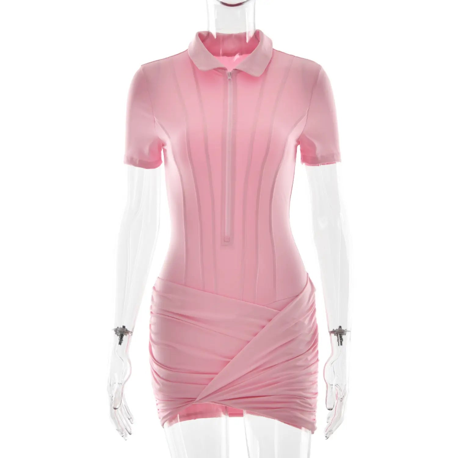 Clear mannequin front view pink polo collar half‑zip short sleeve ruched wrap mini dress