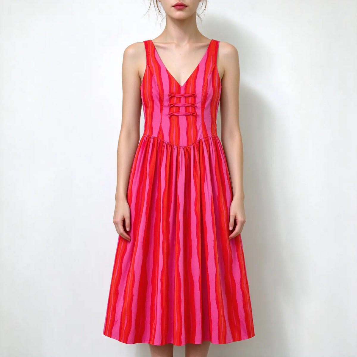 Model in pink and red vertical stripe sleeveless maxi dress, v neck with lace-up bust, gathered flowy maxi skirt, white backdrop