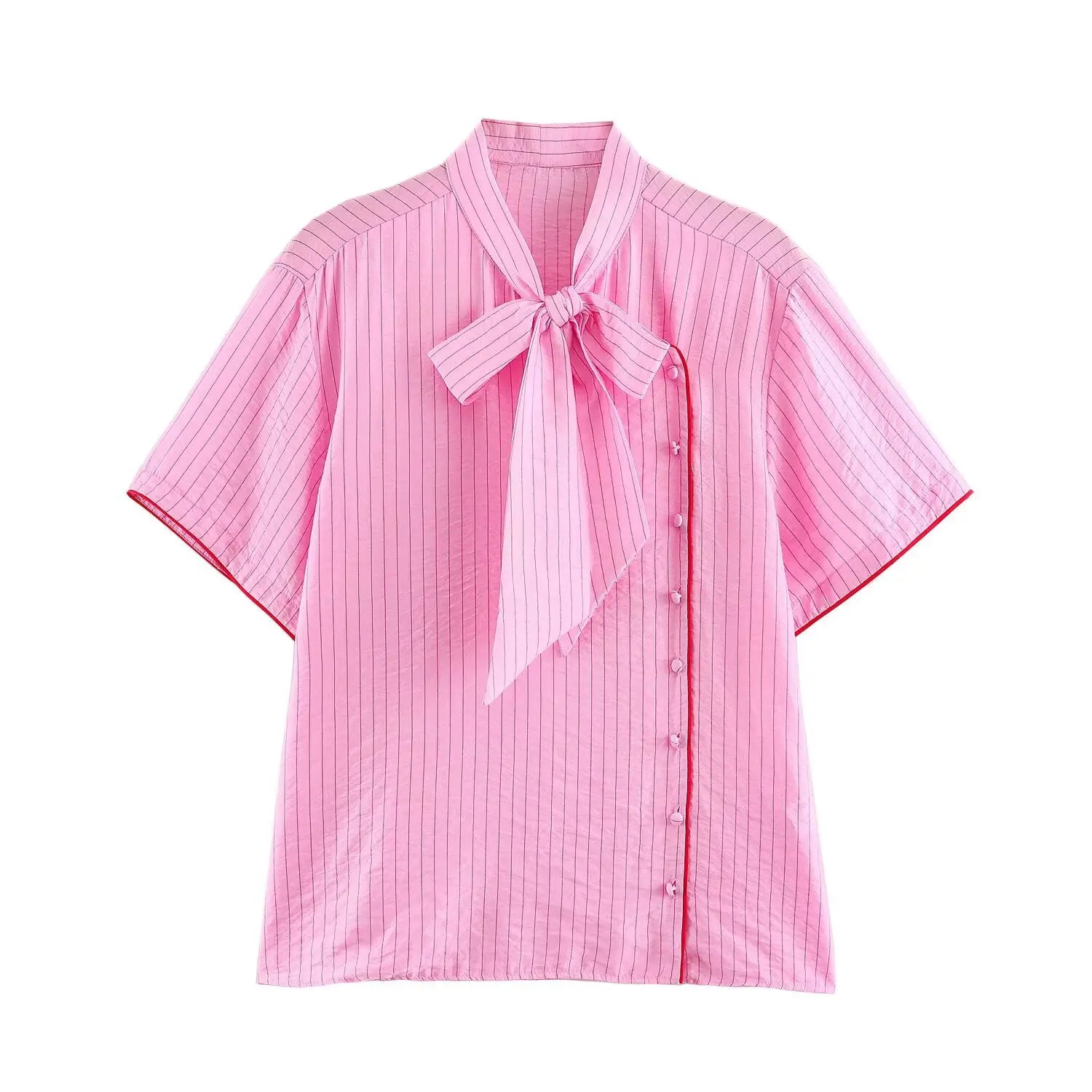 Front flat product shot stand collar bow tie blouse, pink vertical stripe fabric, asymmetrical button placket, red contrast piping