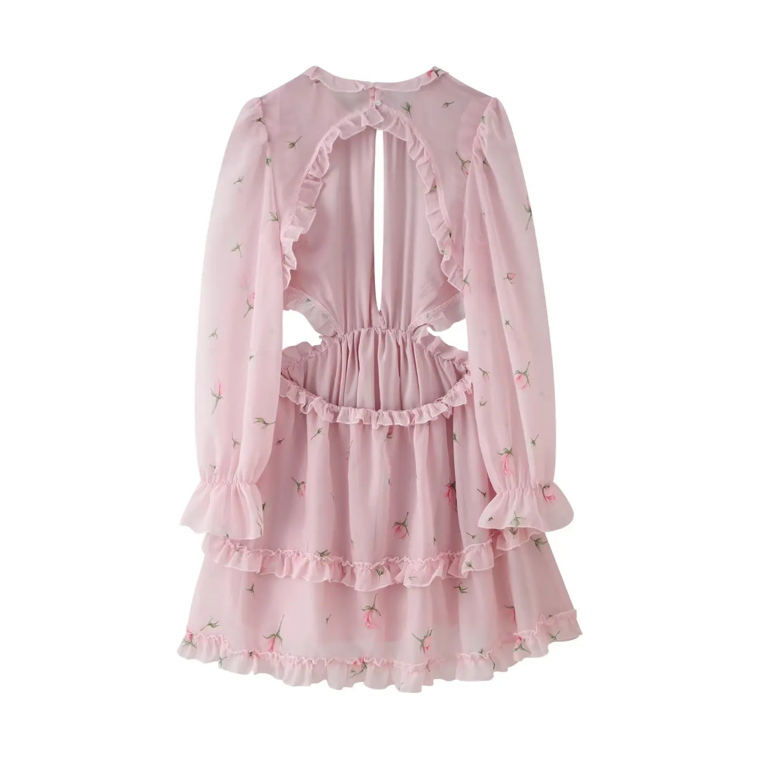 Complete back flat view, large oval open back with ruffle trim, back neck self tie detail, allover scattered small rose bud print