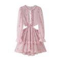 Full front flat lay main shot, light pink tiny rose chiffon mini dress, ruffle trim keyhole neck, side waist hollow cutouts, long flared ruffle cuffs, double tier ruffle skirt
