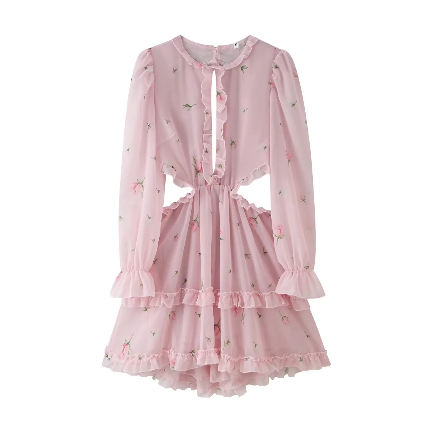 Full front flat lay main shot, light pink tiny rose chiffon mini dress, ruffle trim keyhole neck, side waist hollow cutouts, long flared ruffle cuffs, double tier ruffle skirt