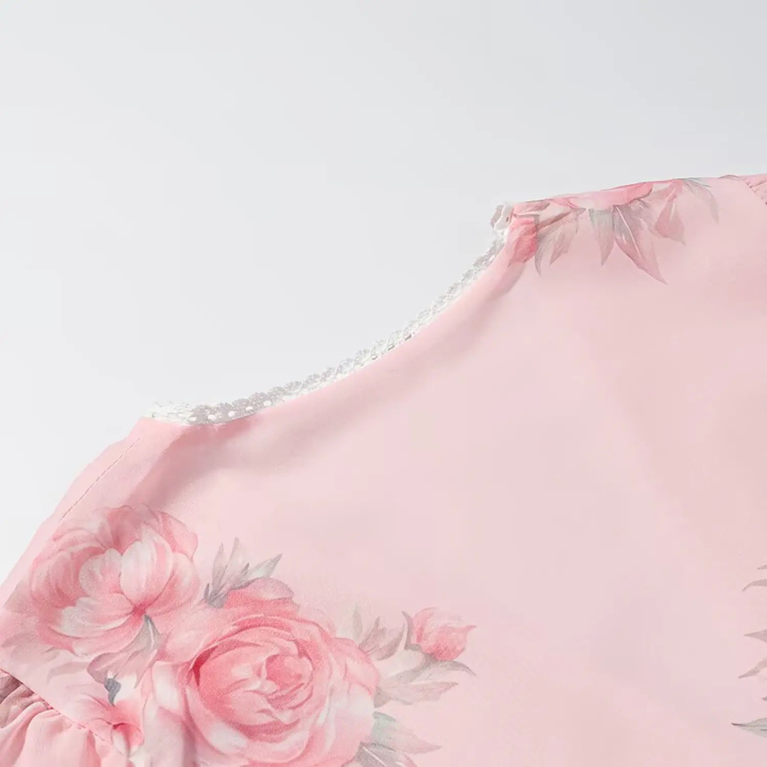 1. Front V neck close-up, delicate white scalloped lace trim piping, soft pink rose printed chiffon