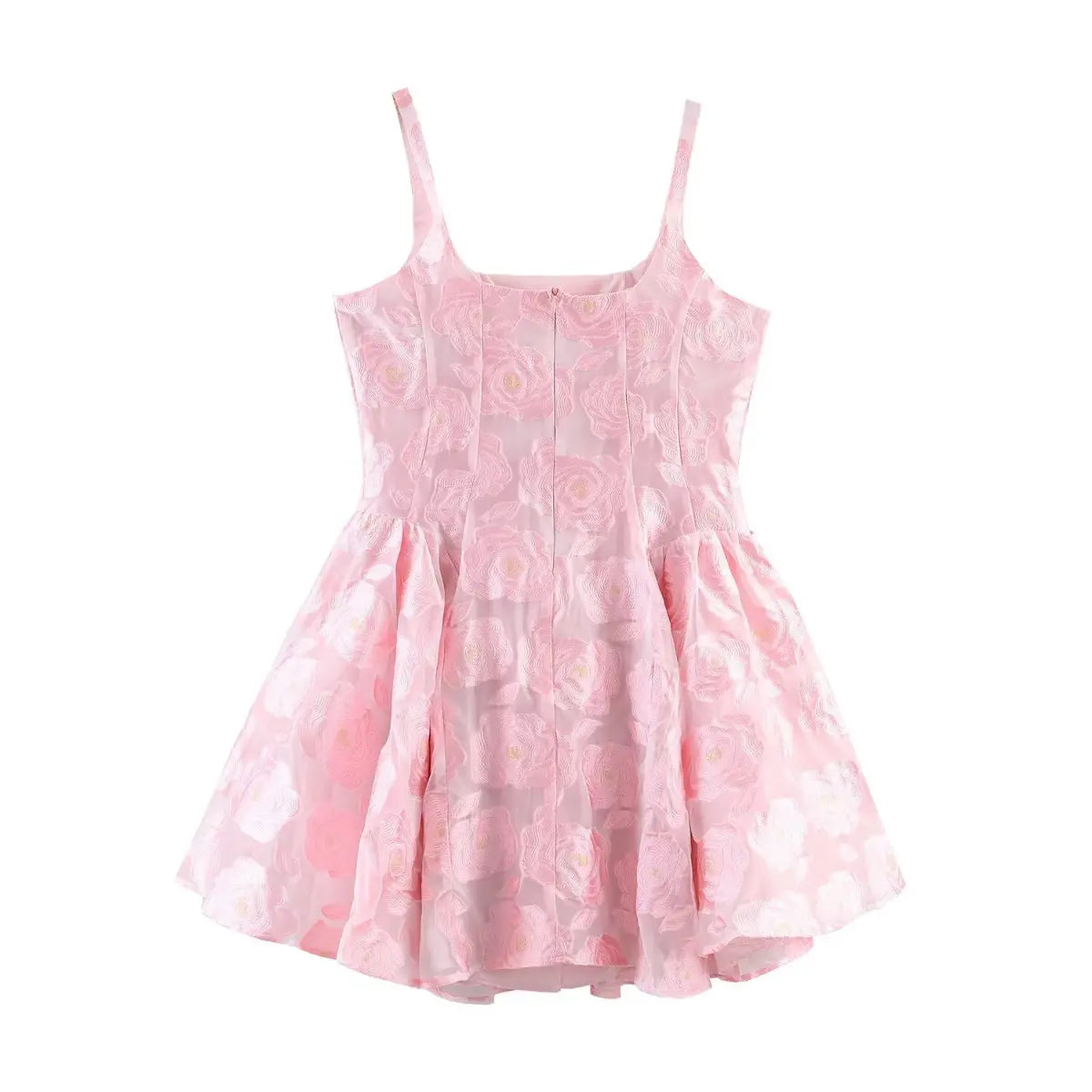 Pink rose-embroidered organza sundress with spaghetti straps, fitted corset-style bodice, and flared skirt, back view flat lay on white background.