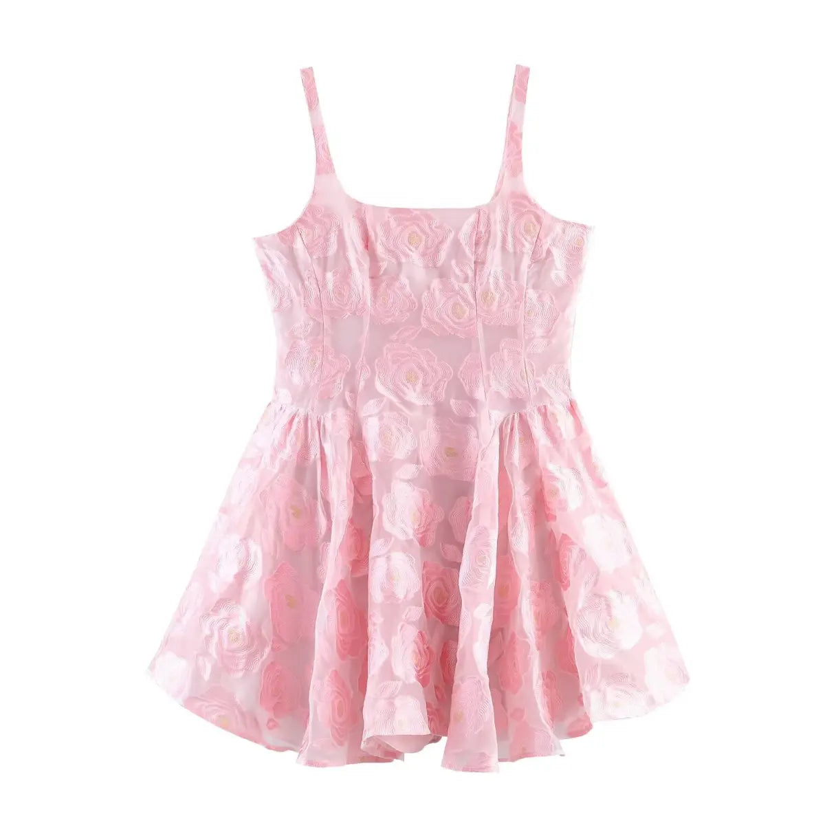 Pink rose-embroidered organza sundress with spaghetti straps, fitted corset-style bodice, and flared skirt, front view flat lay on white background.