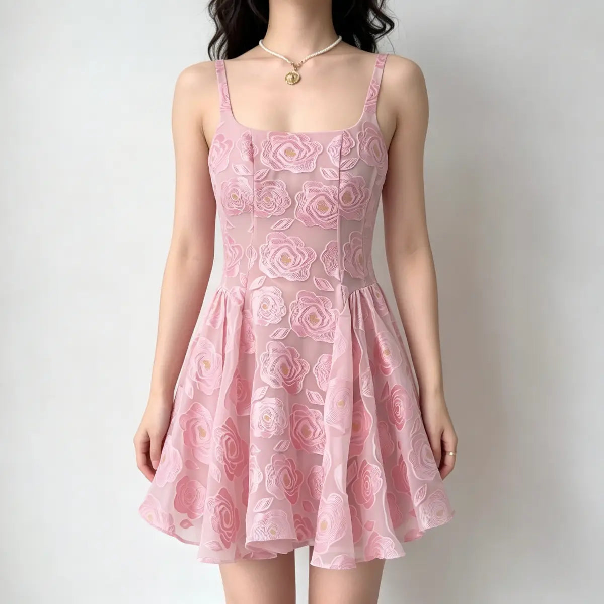 Model wearing a pink rose-embroidered organza sundress with spaghetti straps, square neckline, fitted corset-style bodice, and flared skirt, holding a brown handbag.