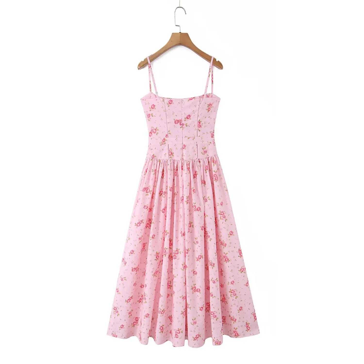 Hanger back shot pink ditsy rose spaghetti strap maxi dress, vertical hollow lace stitching panels, invisible center back zipper, full gathered A-line long skirt with vintage pink rose print fabric