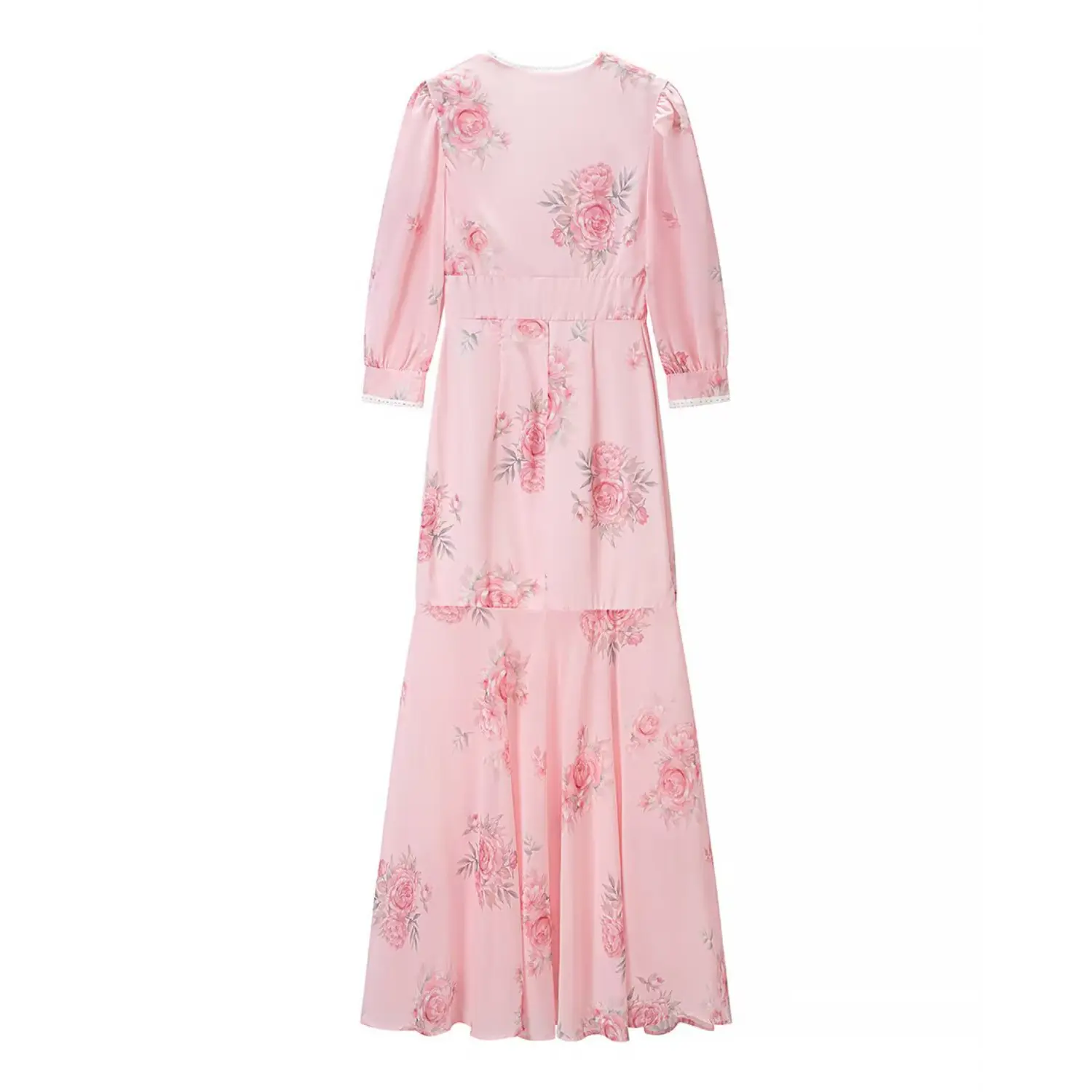 Full back flat view pink floral dress, back invisible zipper, tiered flared mermaid skirt hem