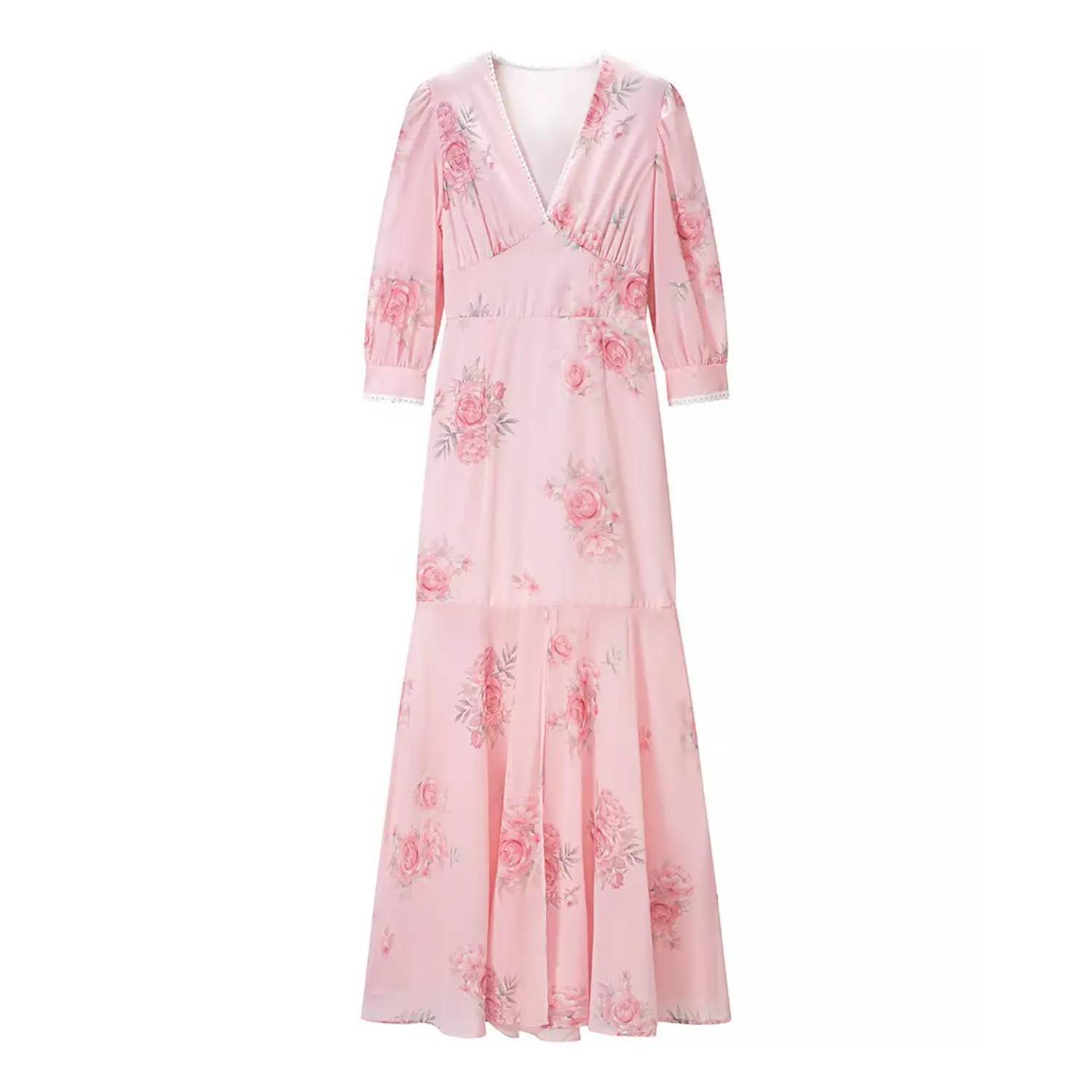 Full front flat lay of pink version, soft pink base pink rose print, identical lace V neck & 3/4 sleeve mermaid design