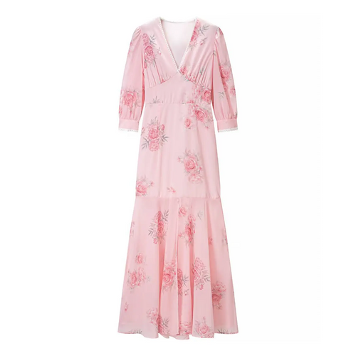 Full front flat lay of pink version, soft pink base pink rose print, identical lace V neck & 3/4 sleeve mermaid design