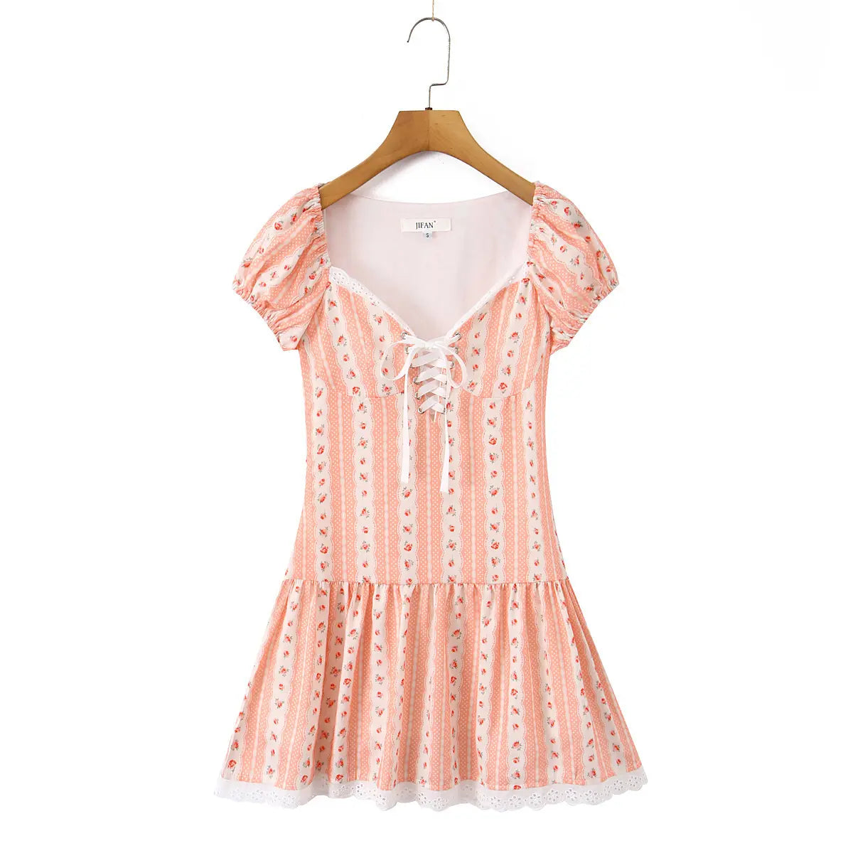 Full front view of the dress, featuring the corset-style lace-up bust, puff sleeves, and flared hem with lace trim.