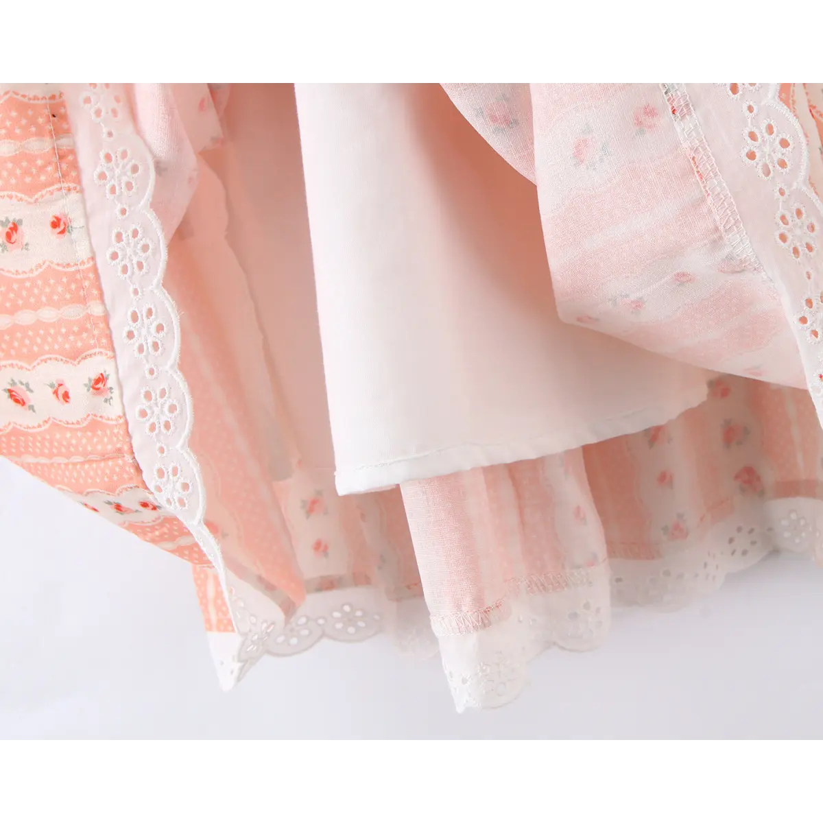 Close-up of the ruffled hem, revealing the lace trim and smooth inner lining.