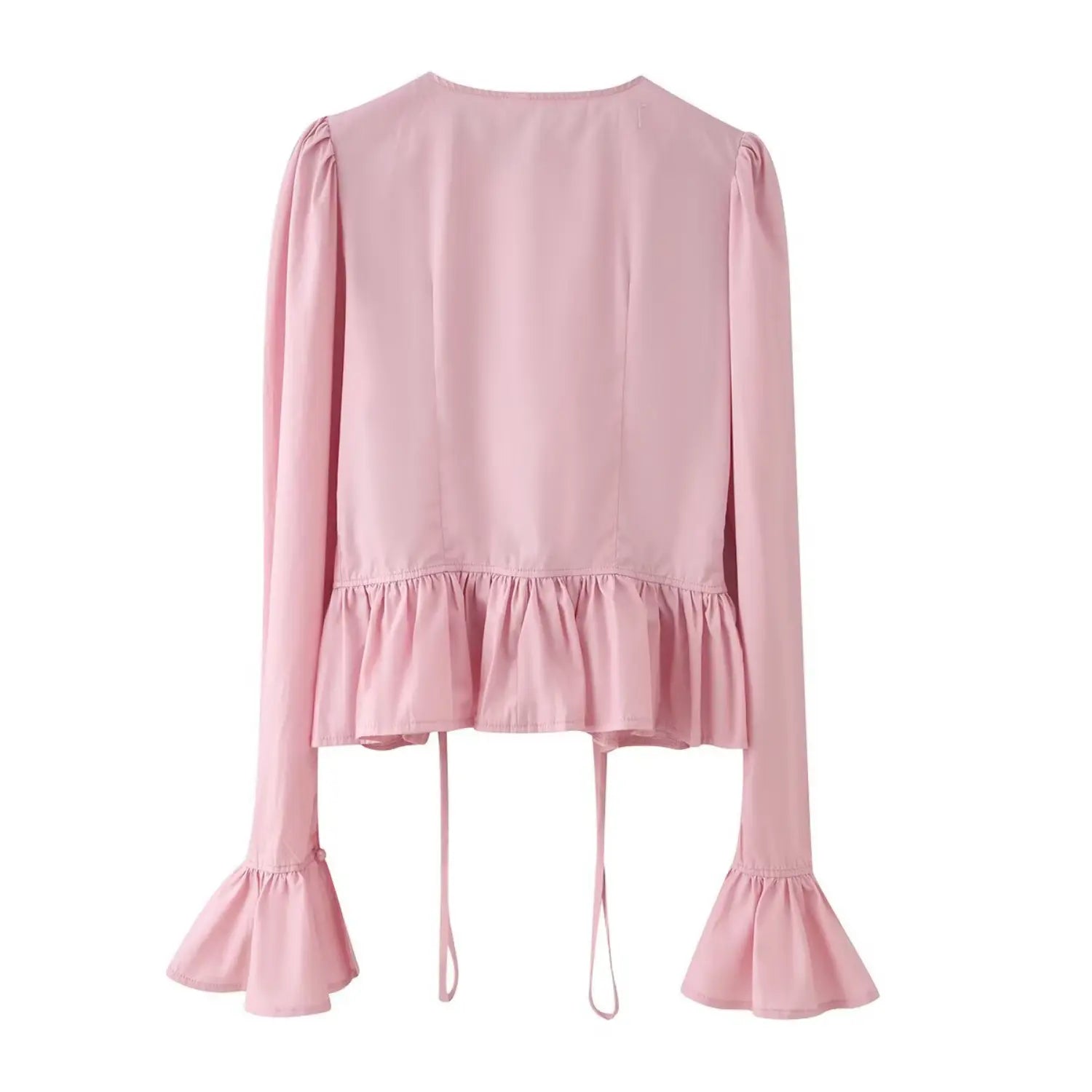 Back flat lay view pink ruched long sleeve cropped top