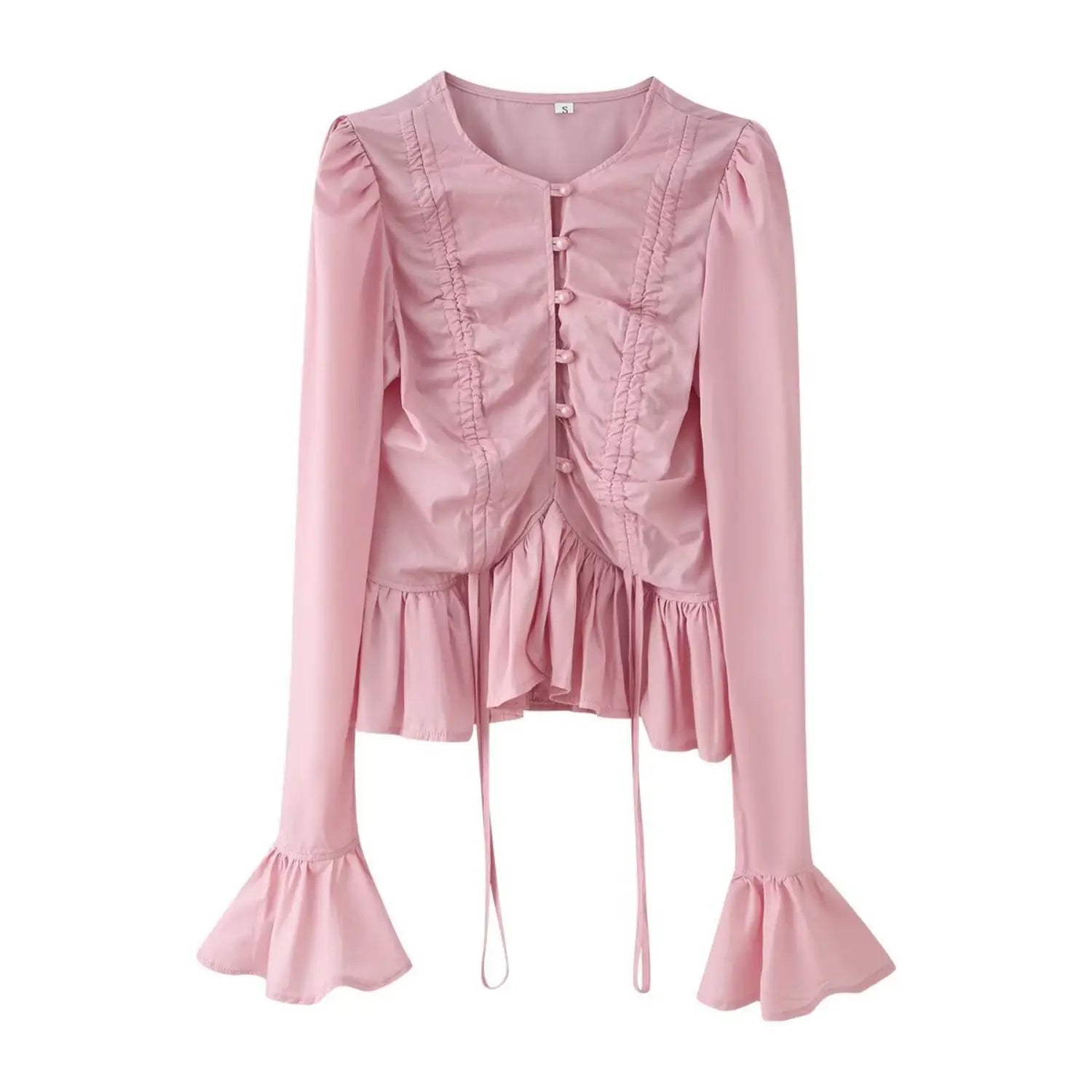 Front flat lay view pink ruched flare sleeve cropped blouse with drawstring hem