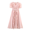 Pink chiffon maxi dress, v neck with ruffle trim, puff short sleeve, elastic waist, flowy long skirt, front view