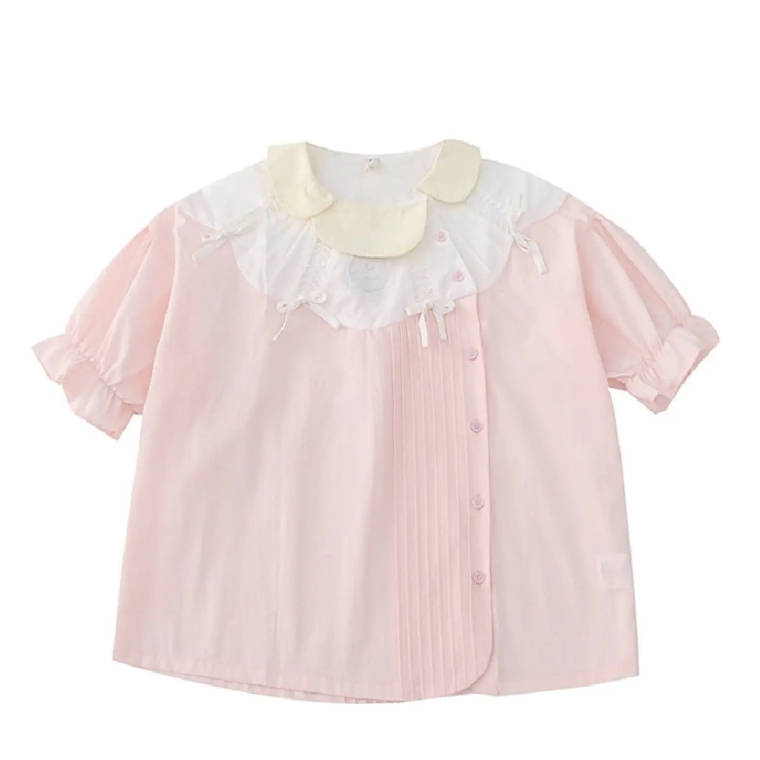 Pink ruffle puff short sleeve doll collar blouse flat lay, double cream ruffle peter pan collar symmetrical shoulder bows front vertical tucks pink buttons elastic ruffle bubble short sleeve loose schoolgirl shirt display