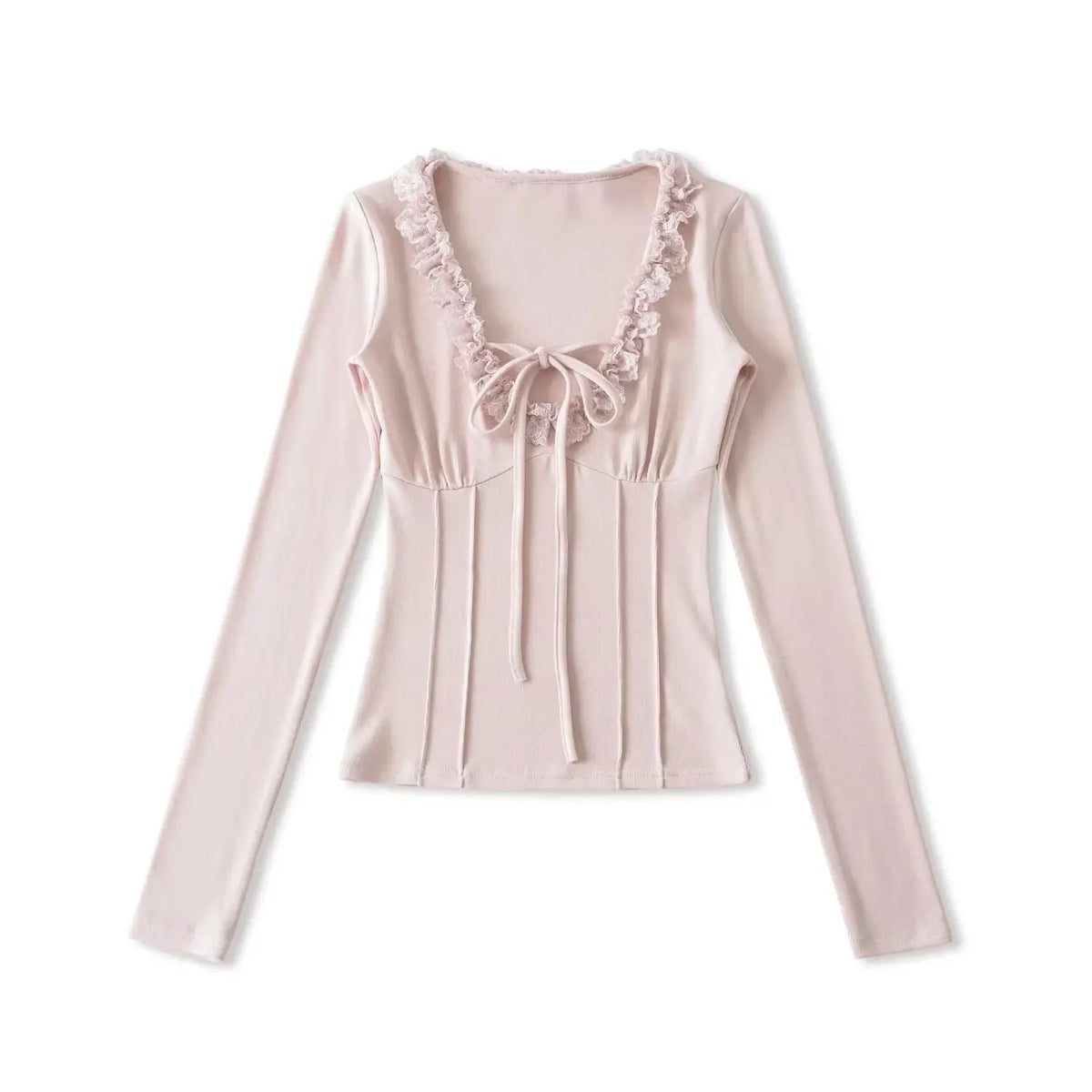 Women pink long sleeve top, ruffle trim V-neck, tie front detail, corset-inspired seam, slim fitted bodycon